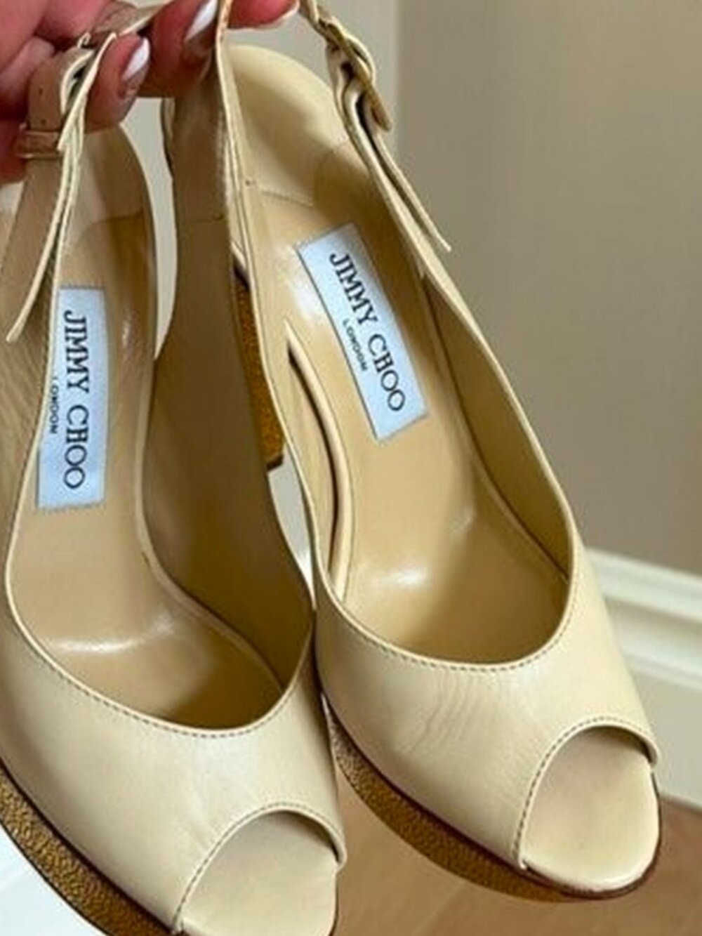 Jimmy Choo Cream Leather Peep Toe Heels – Metallic Heel – Size 37